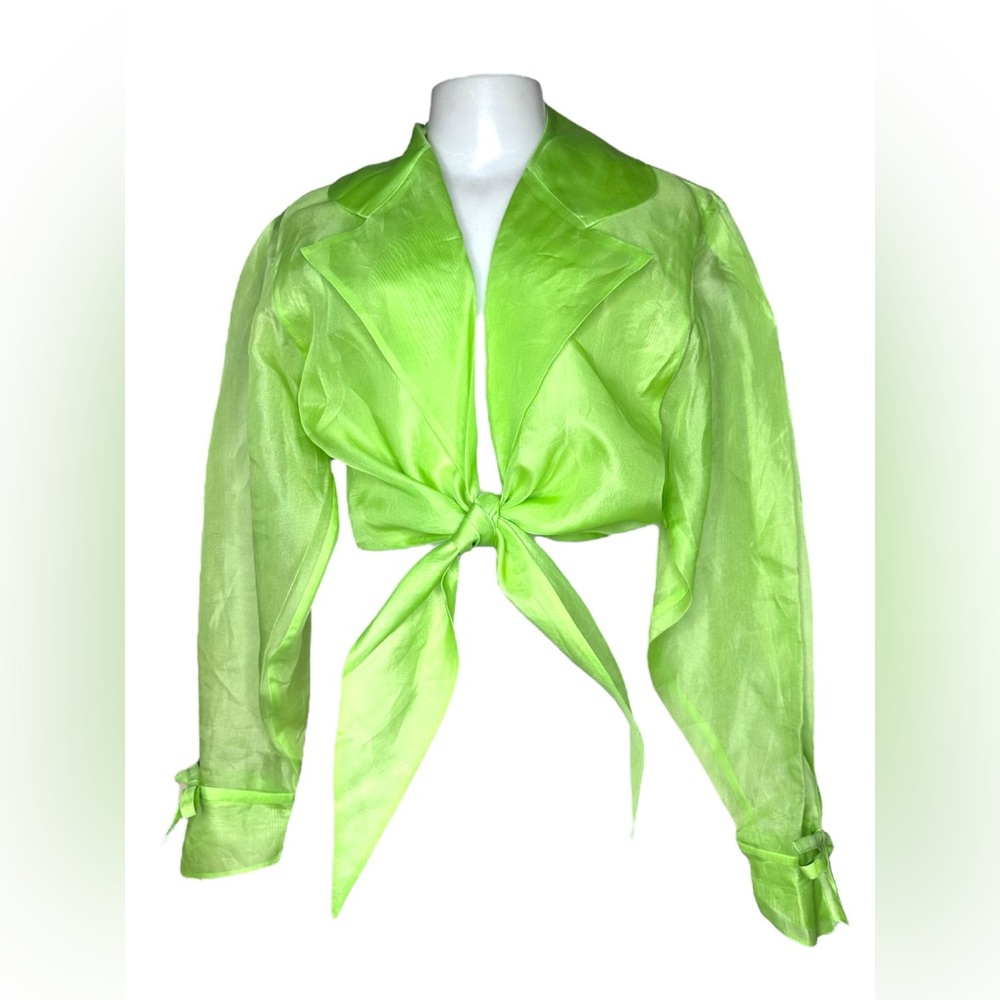 VTG Byblos Italy Neon Lime Green 100% Silk Sheer Tie Front Blouse Size 42